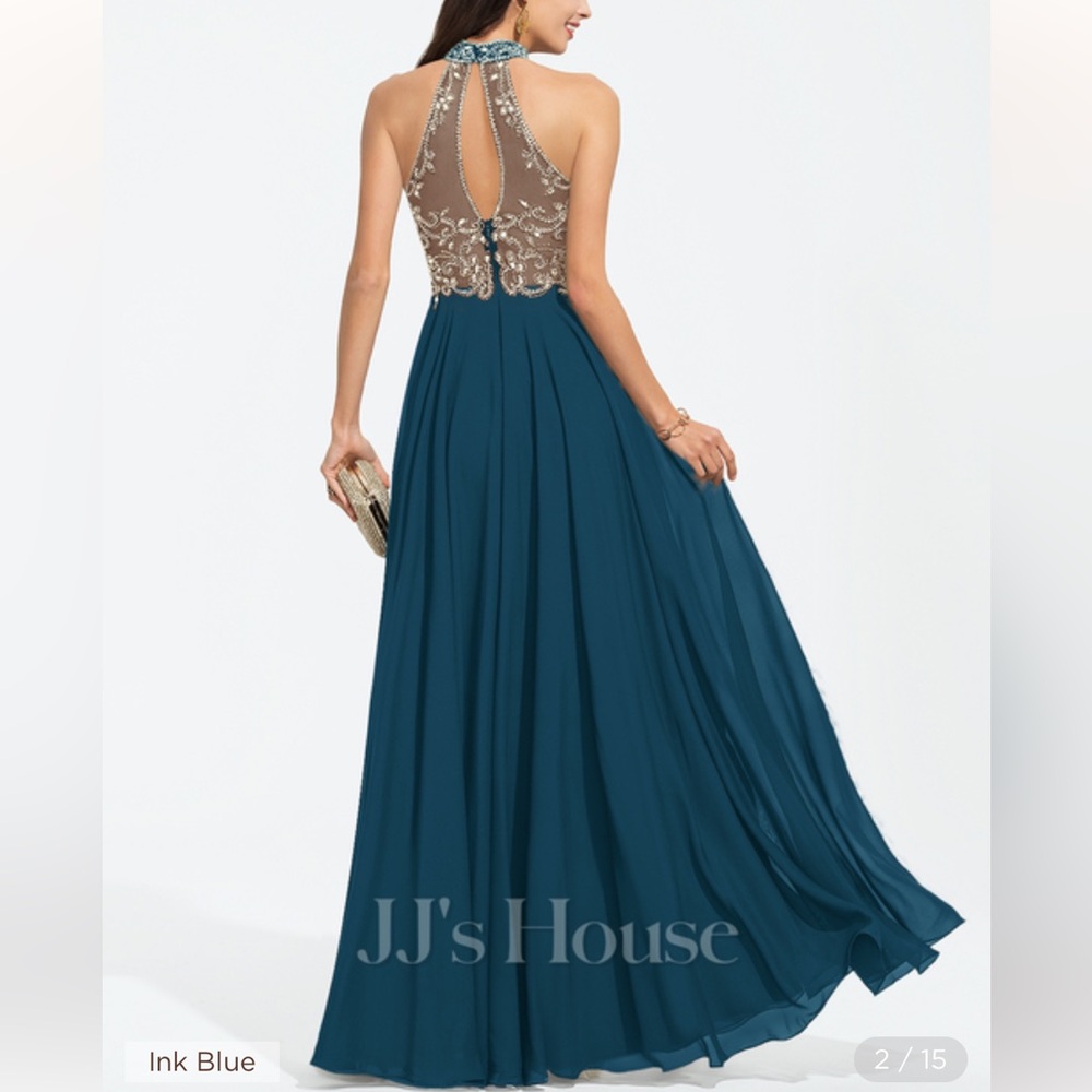 NWT JJs HOUSE A-Line High Neck Floor-‎ Length Sequined Gown - Picture 2 of 10